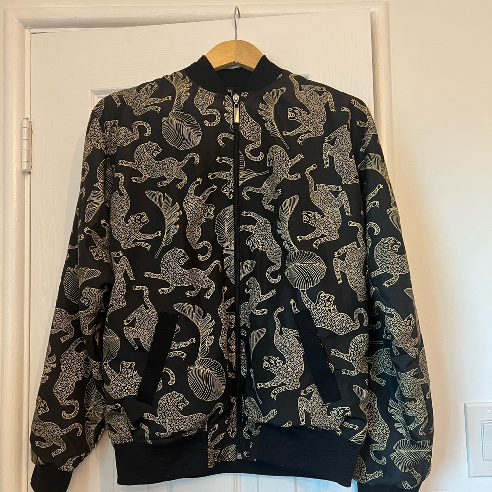 NWT- Unisex Black and Gold Bomber Jacket-Jaguar - Medium